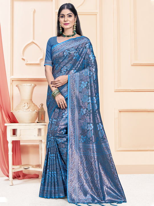Blue Satin Saree With Blouse Piece