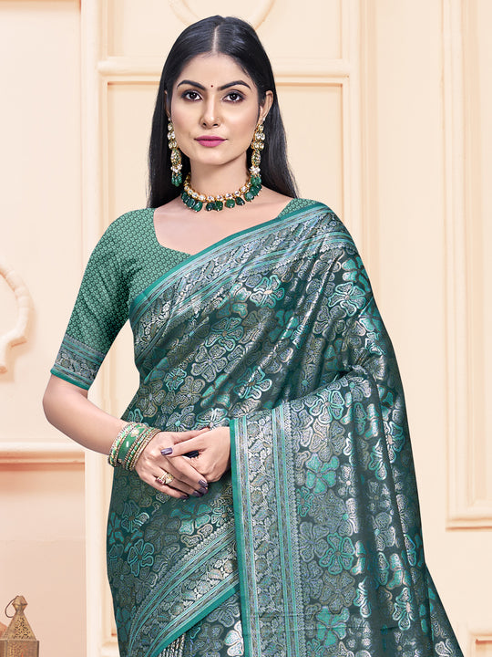 Green Satin Saree With Blouse Piece