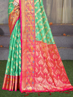 Teal Silk Saree With Blouse Piece