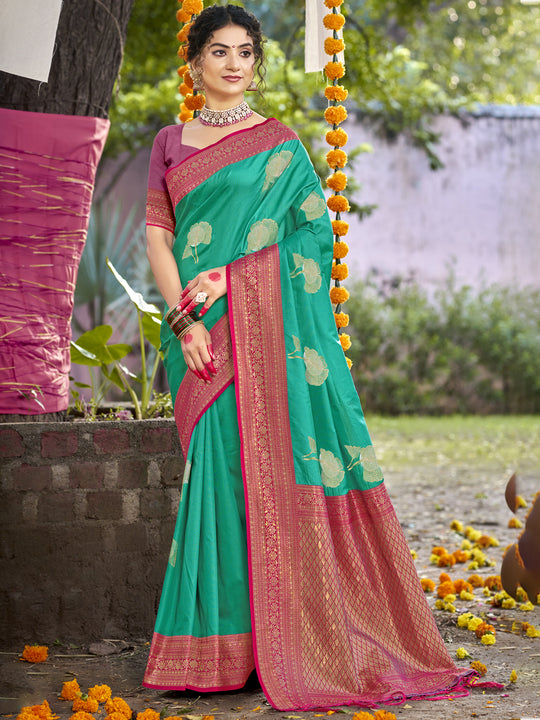 Teal Silk Saree With Blouse Piece