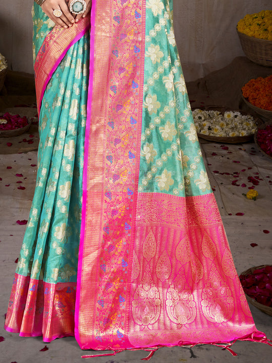 Sky Blue Silk Saree With Blouse Piece