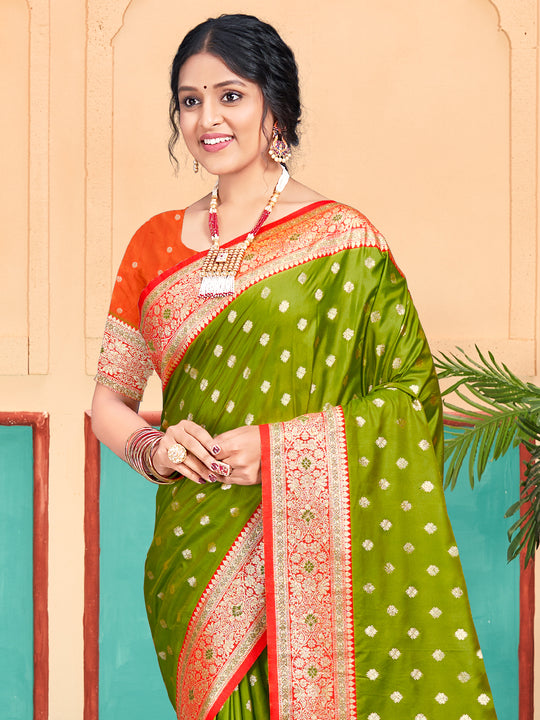 Olive Green Silk Saree With Blouse Piece