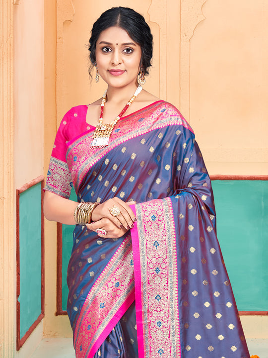 Blue Silk Saree With Blouse Piece