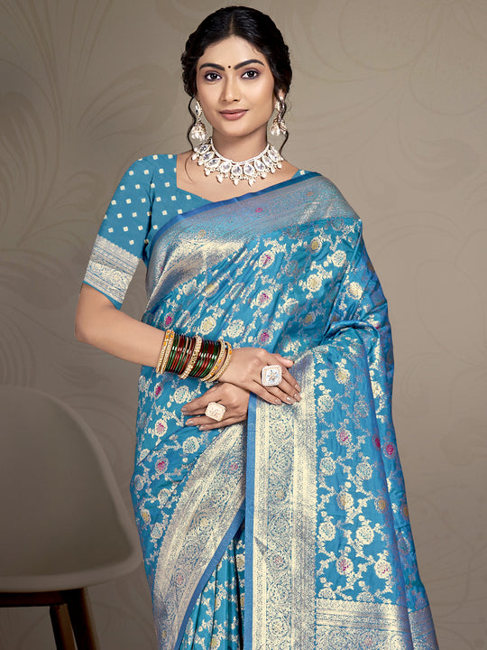 Sky Blue Silk Saree With Blouse Piece