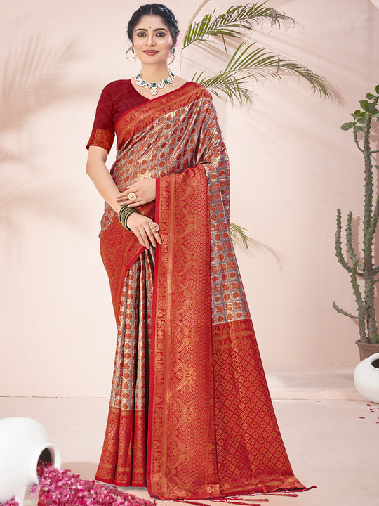 Red Silk Saree With Blouse Piece