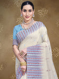 Cream Cotton Saree With Sky Blue Blouse Piece