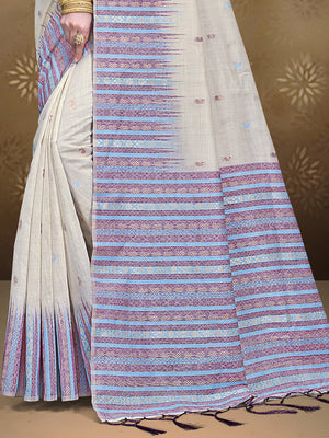 Cream Cotton Saree With Sky Blue Blouse Piece