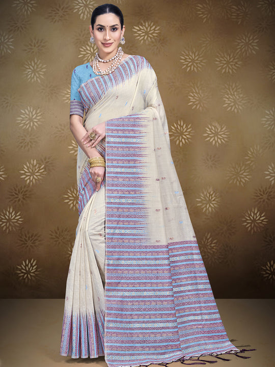 Cream Cotton Saree With Sky Blue Blouse Piece
