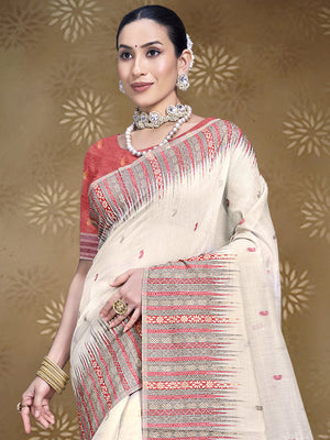 Cream Cotton Saree With Red Blouse Piece