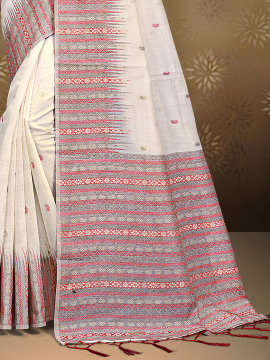 Cream Cotton Saree With Red Blouse Piece