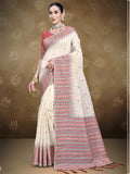 Cream Cotton Saree With Red Blouse Piece