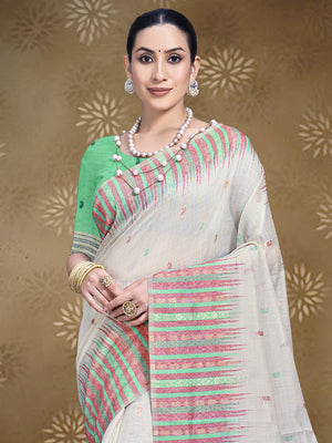 Cream Cotton Saree With Light Green Blouse Piece