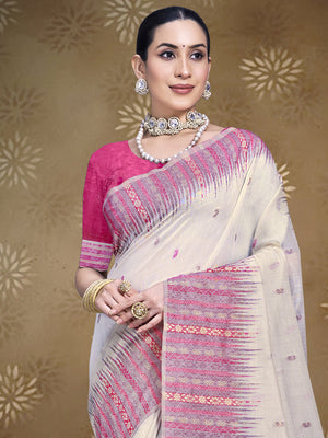 Cream Cotton Saree With Pink Blouse Piece