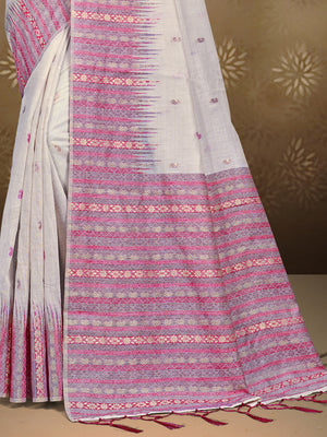 Cream Cotton Saree With Pink Blouse Piece