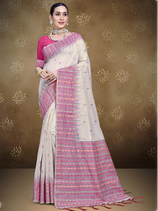 Cream Cotton Saree With Pink Blouse Piece