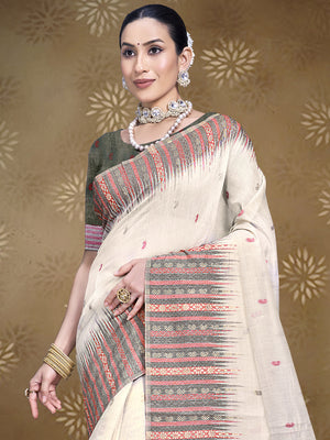 Cream Cotton Saree With Black Blouse Piece
