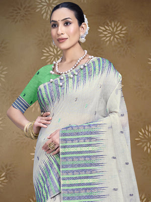 Cream Cotton Saree With Sea Green Blouse Piece