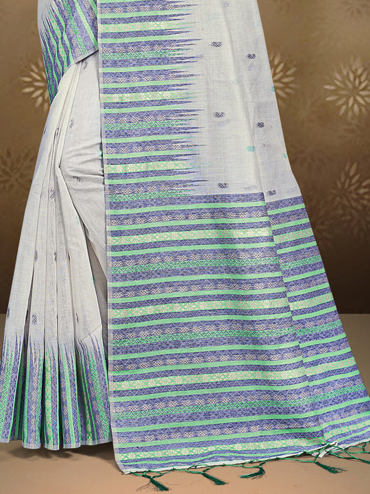Cream Cotton Saree With Sea Green Blouse Piece
