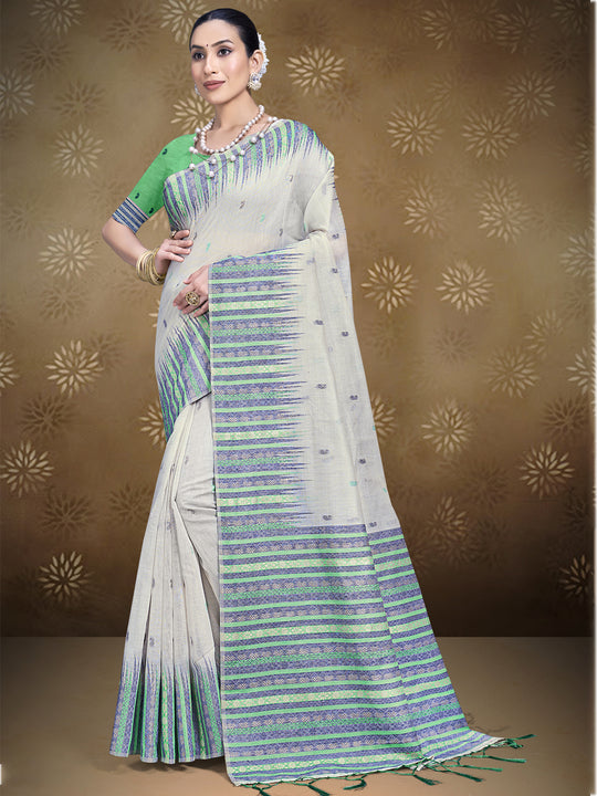 Cream Cotton Saree With Sea Green Blouse Piece