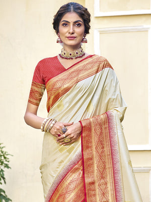 Cream Silk Saree With Blouse Piece