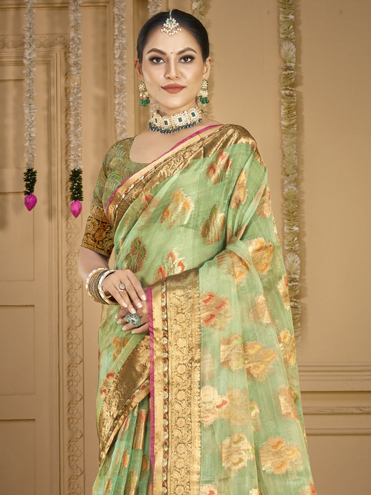 Green Organza Saree With Blouse Piece