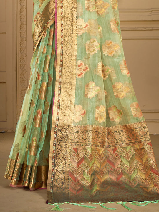 Green Organza Saree With Blouse Piece