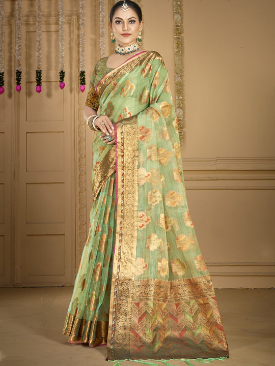 Green Organza Saree With Blouse Piece