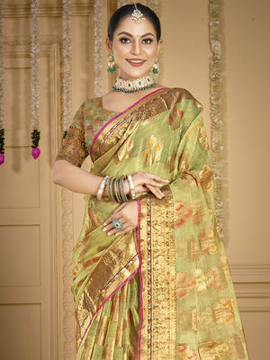 Green Organza Saree With Blouse Piece