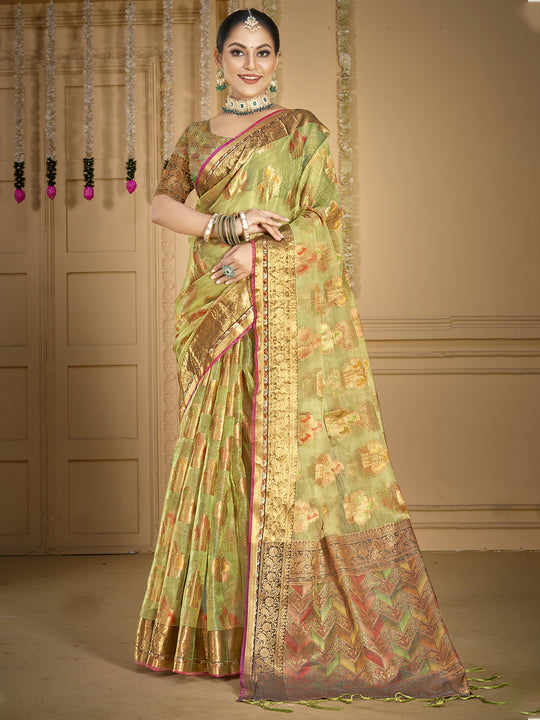 Green Organza Saree With Blouse Piece