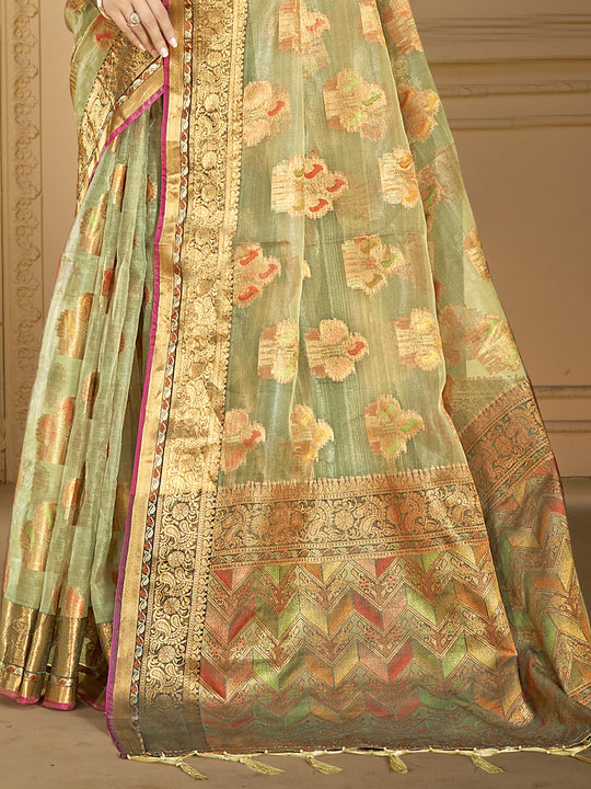 Sea Green Organza Saree With Blouse Piece