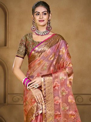 Pink Organza Saree With Blouse Piece