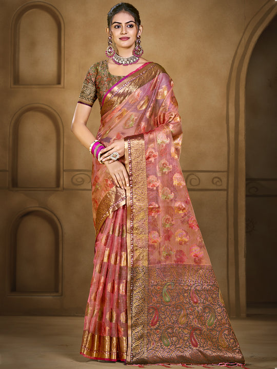 Pink Organza Saree With Blouse Piece
