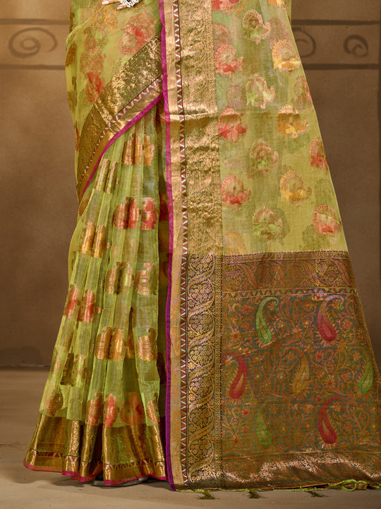 Green Organza Saree With Blouse Piece