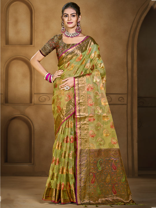 Green Organza Saree With Blouse Piece