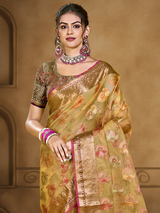 Yellow Organza Saree With Blouse Piece