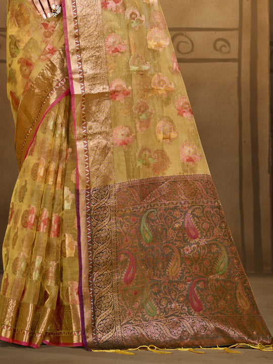 Yellow Organza Saree With Blouse Piece