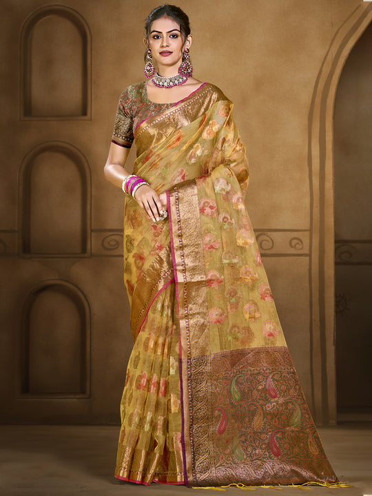 Yellow Organza Saree With Blouse Piece