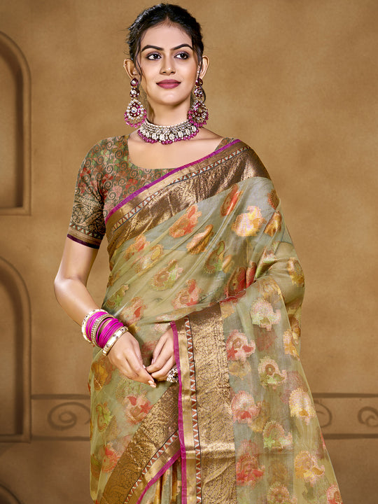 Olive Organza Saree With Blouse Piece