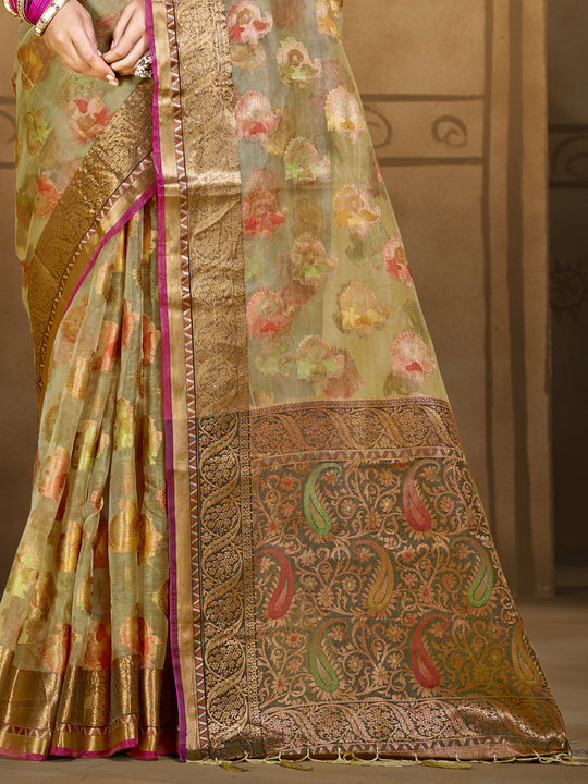 Olive Organza Saree With Blouse Piece