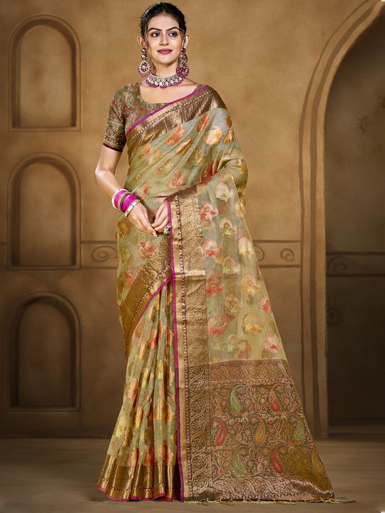 Olive Organza Saree With Blouse Piece