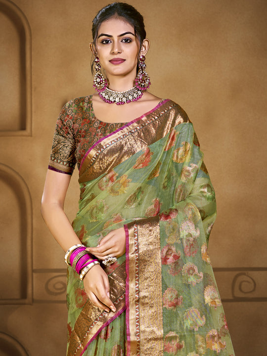 Green Organza Saree With Blouse Piece