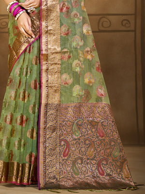 Green Organza Saree With Blouse Piece