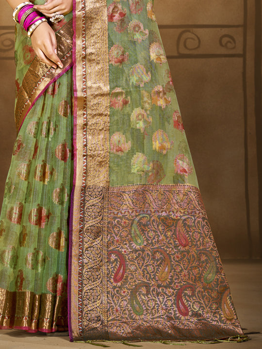 Green Organza Saree With Blouse Piece