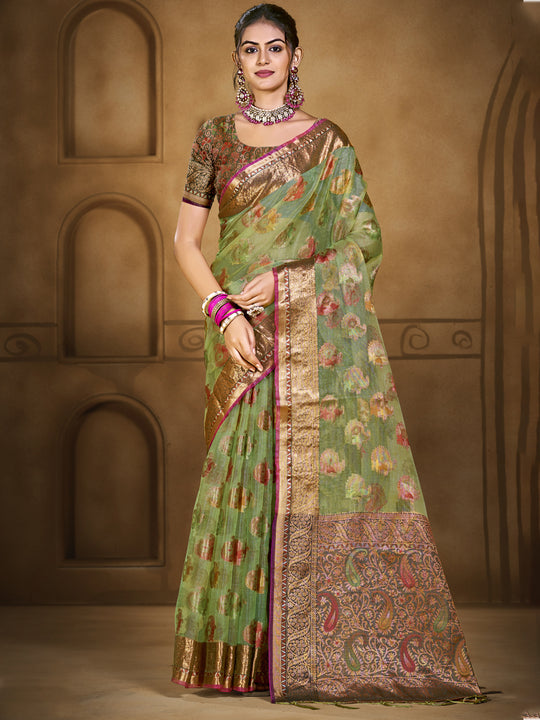 Green Organza Saree With Blouse Piece