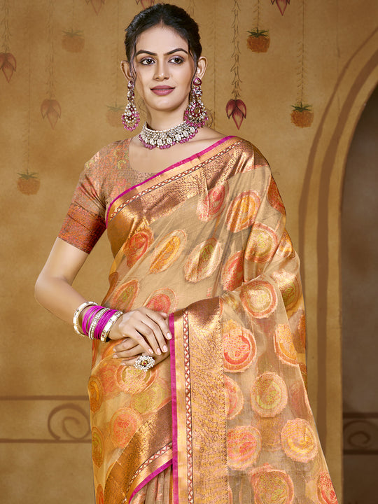 Brown Organza Saree With Blouse Piece