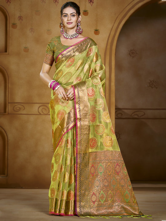 Green Organza Saree With Blouse Piece