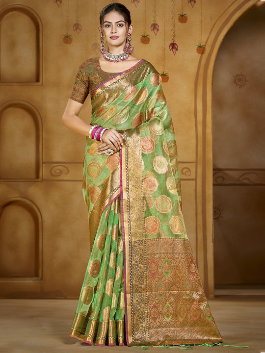 Green Organza Saree With Blouse Piece