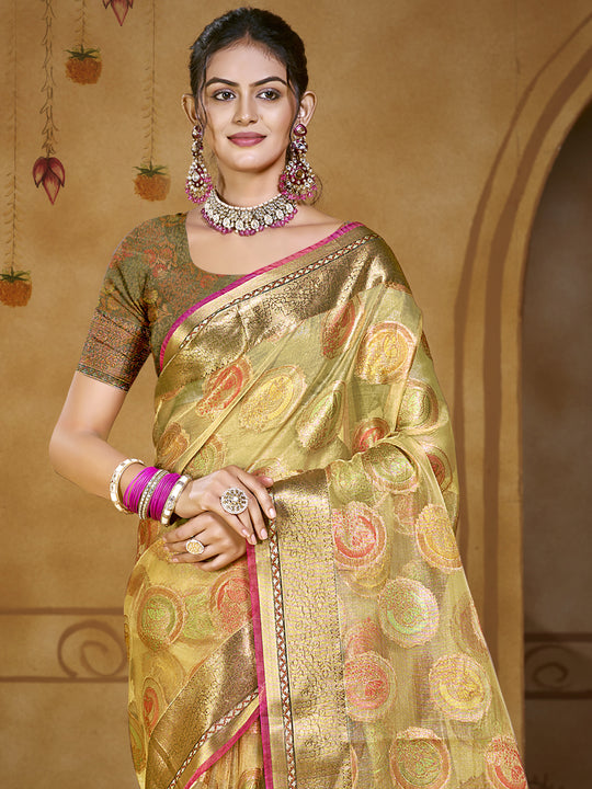 Olive Organza Saree With Blouse Piece