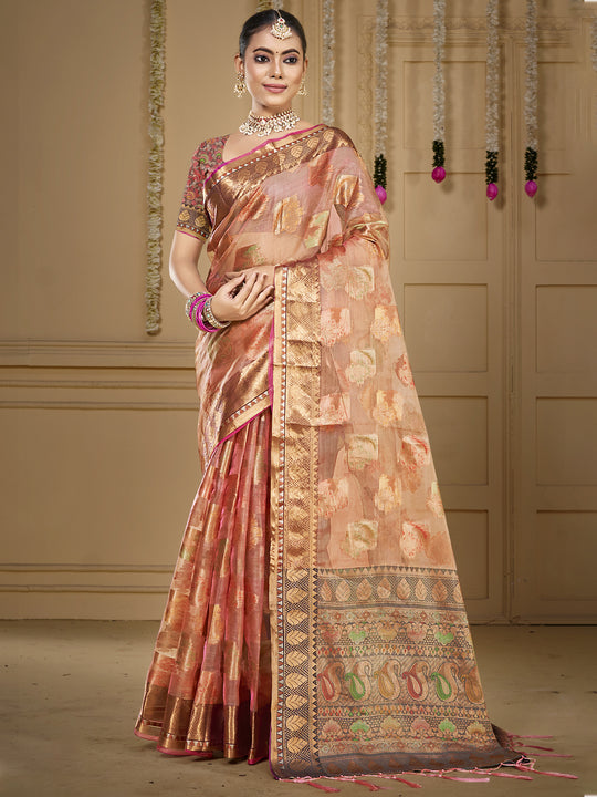 Peach Organza Saree With Blouse Piece