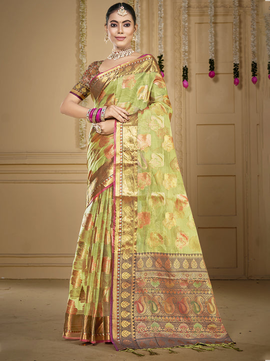 Green Organza Saree With Blouse Piece